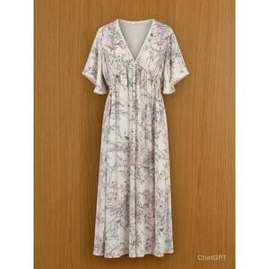 Love Stitch Maternity Maxi Boho Dress Empire Waist Flutter Sleeve Size LG